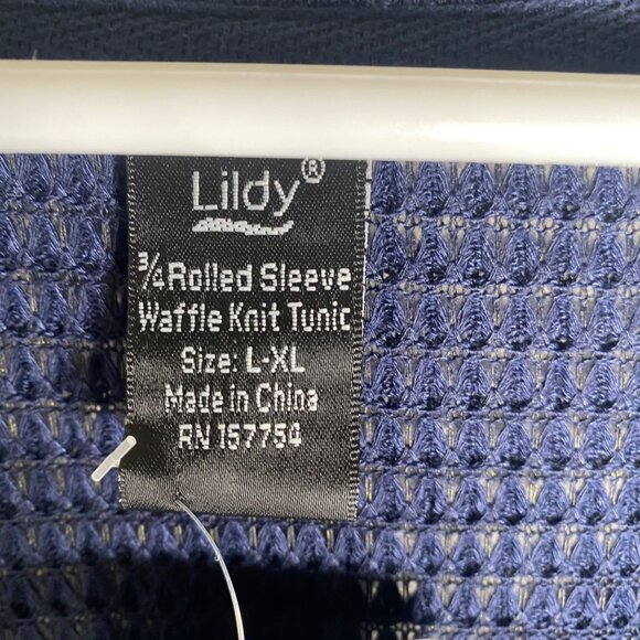 NWT Lildy Waffle Knit Tunic Womens L-XL Navy Blue 3/4 Rolled Sleeve - Picture 3 of 12